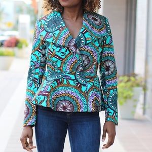 YETUNDE African Print Oversized Collar Jacket - Teal - Medium